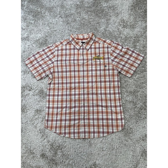 Marmot Shirt Mens Medium Plaid Orange Brown Short Sleeve SweetWater Brewing Logo - Picture 1 of 11